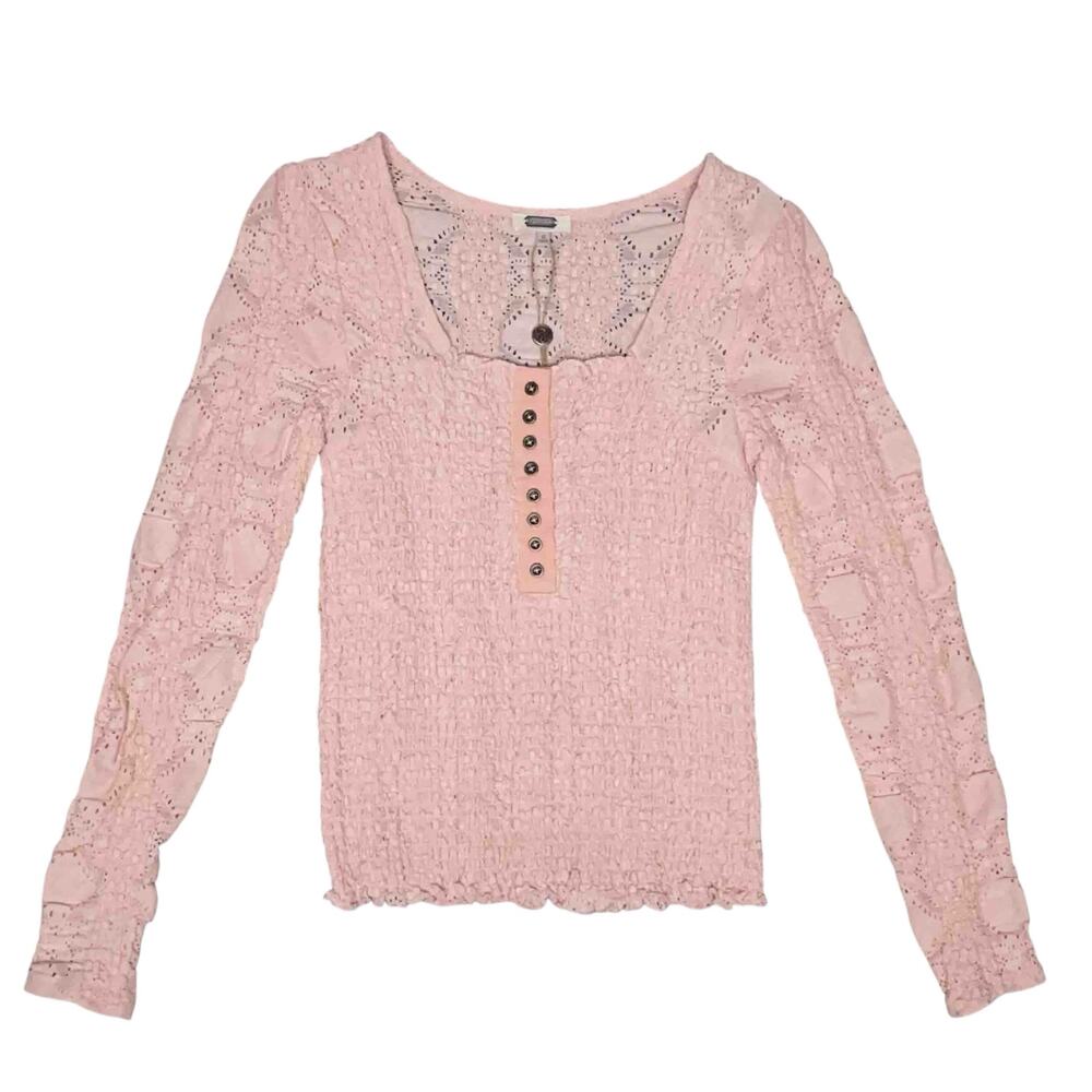 Gimmicks NWT Smocked Henley Top Size S Sheer Long Sleeve Cotton Blend Coquette
